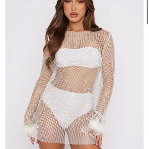 White Fox bachelorette beaded/mesh feather trim dress